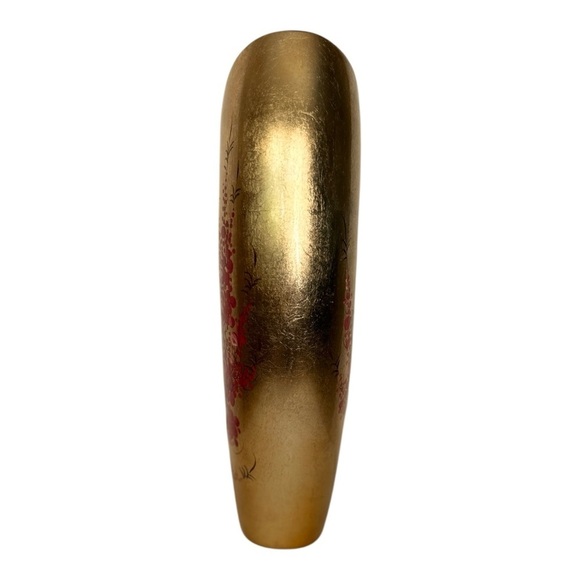 Asian LACQUERWARE Vase Gold w/Handpainted Red Flowers Black Hole 12" x 7" x 3" - Picture 4 of 10